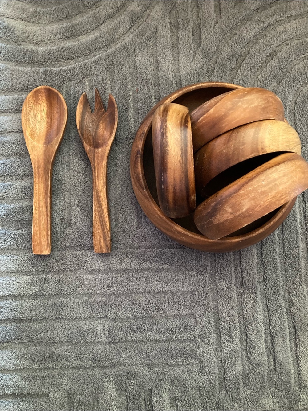 Vintage Wooden Salad Bowl Set with Servers
